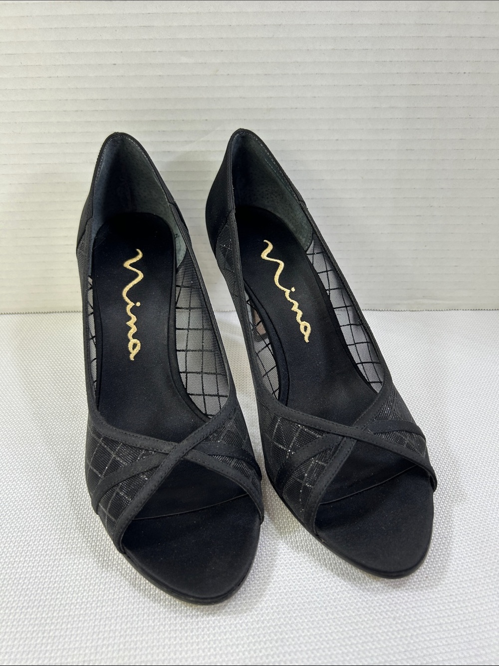 Nina Black Mesh Peep Toe Heels Leather Sole Evening Pumps Women’s 8.5M